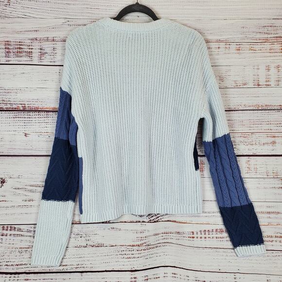 Olivia Sky Retro Grandma Sweater L Blue Chunky Mixed Media Knit Cozy Cardigan - Picture 2 of 11